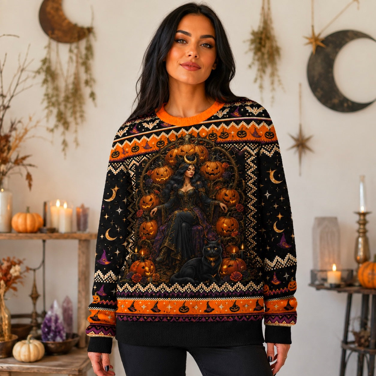 Pumpkin Witch Sweater Black Cat Jack O Lantern Halloween Knit worn, front view