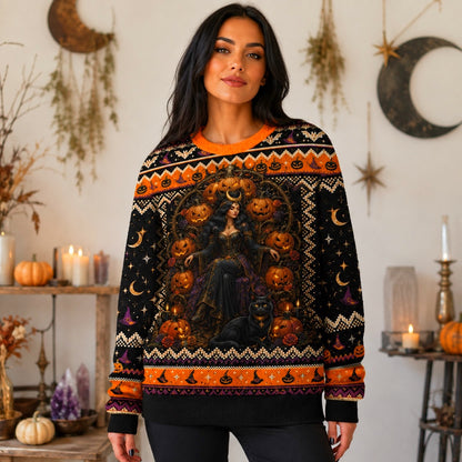 Pumpkin Witch Sweater Black Cat Jack O Lantern Halloween Knit worn, front view
