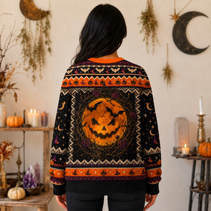 Pumpkin Witch Sweater Black Cat Jack O Lantern Halloween Knit worn, back view