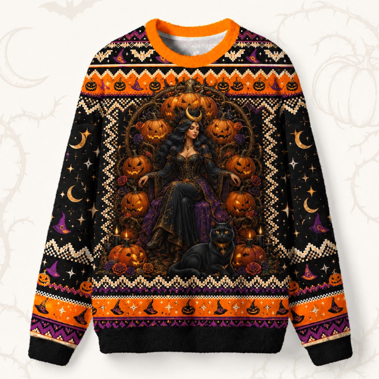 Pumpkin Witch Sweater Black Cat Jack O Lantern Halloween Knit front view