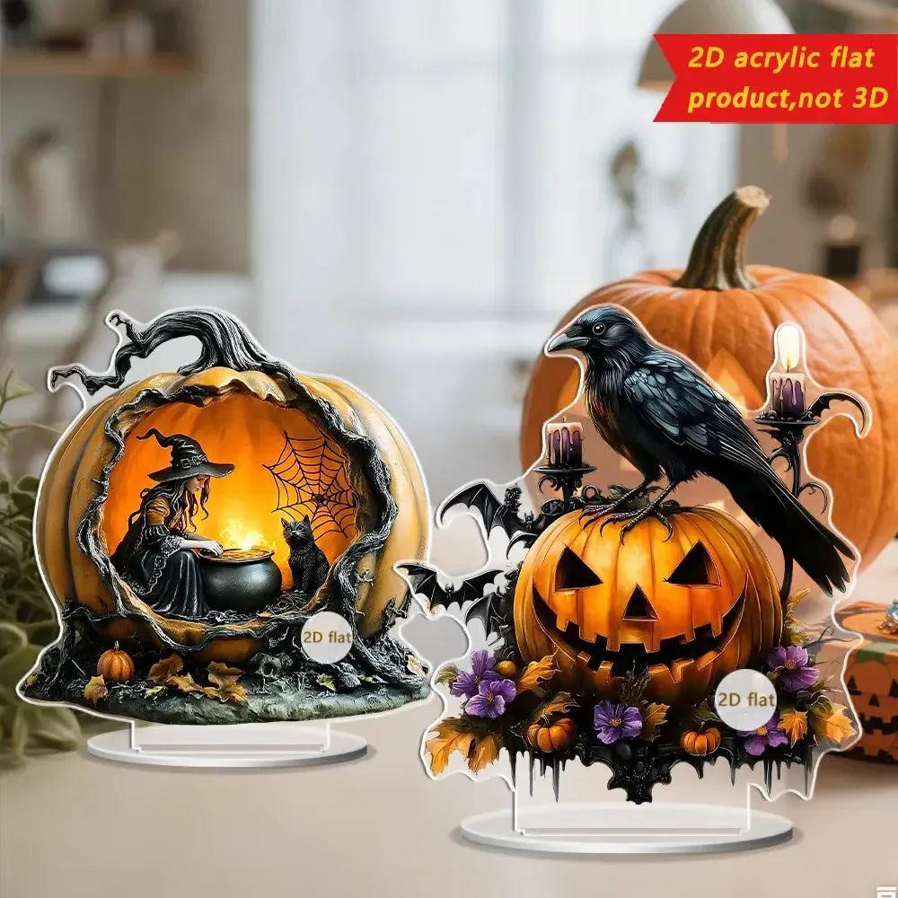 Pumpkin Witch Table Ornament Halloween Decoration - 2D Flat Acrylic Spooky Halloween Desktop Ornaments-MoonChildWorld