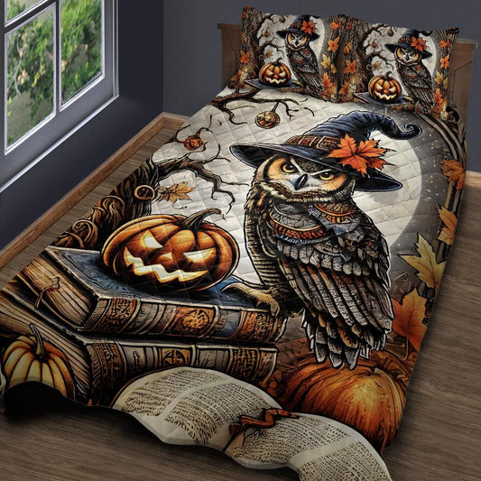 Pumpkin and Witchy Owl Halloween Quilt Bedding Set-MoonChildWorld