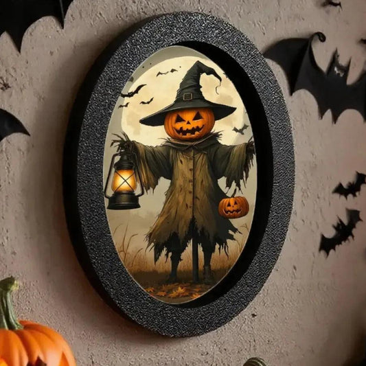 Pumpkin-headed Scarecrow Halloween Wooden Oval Frame - Witch Gothic Wall Art-MoonChildWorld