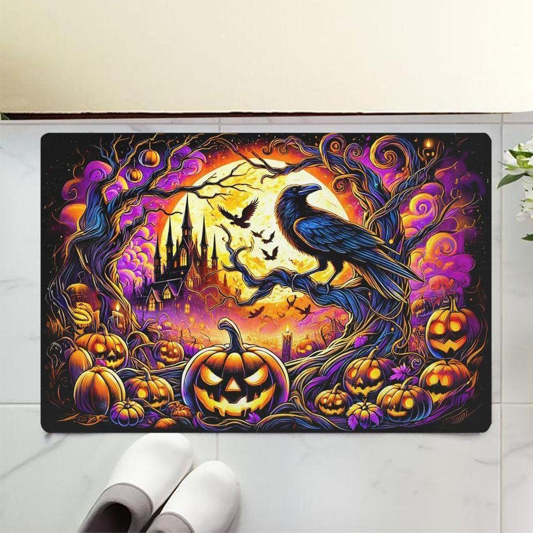 Pumpkins and Gothic Crow Doormat Black Raven Doormat for Halloween-MoonChildWorld