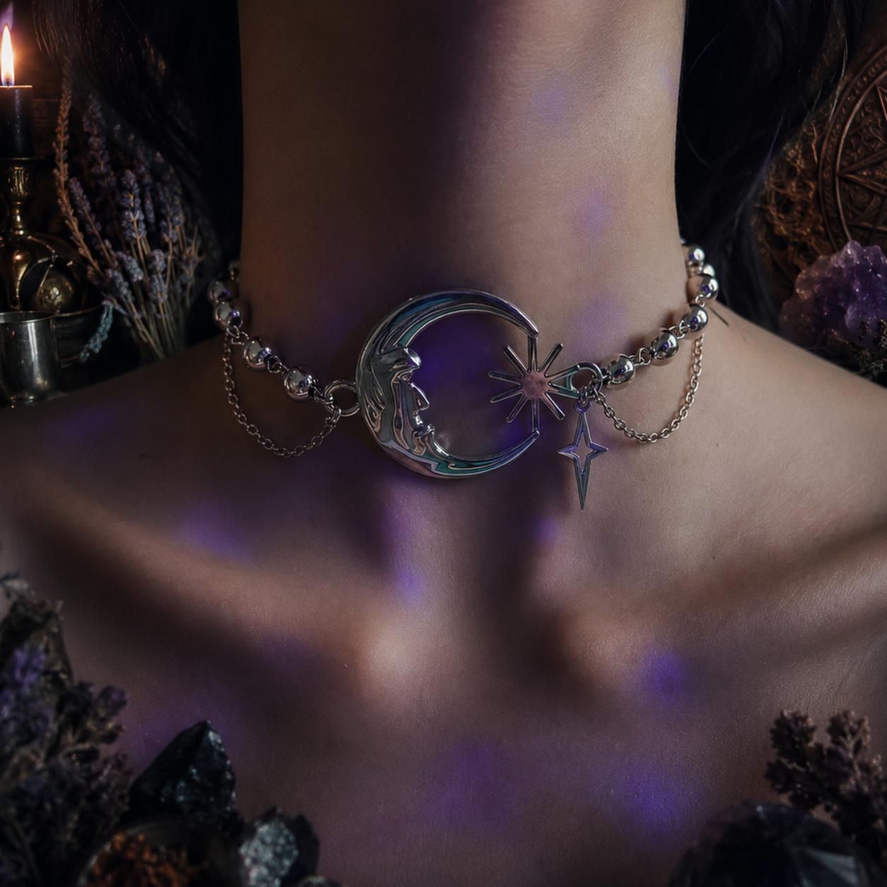 Punk Style Sun Moon Choker Necklace Stainless Steel Gothic Witch Jewelry-MoonChildWorld