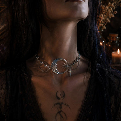 Punk Style Sun Moon Choker Necklace Stainless Steel Gothic Witch Jewelry-MoonChildWorld