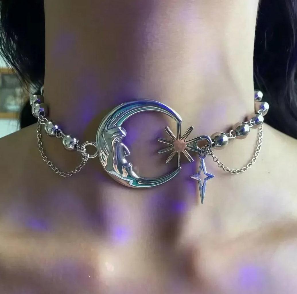 Punk Style Sun Moon Choker Necklace Stainless Steel Gothic Witch Jewelry-MoonChildWorld