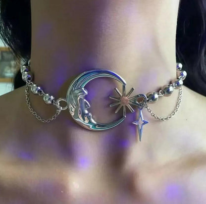Punk Style Sun Moon Choker Necklace Stainless Steel Gothic Witch Jewelry-MoonChildWorld
