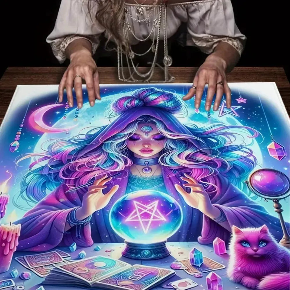 Purple crystal ball witch altar cloth tatting fabric – Wiccan divination tarot mat for ritual