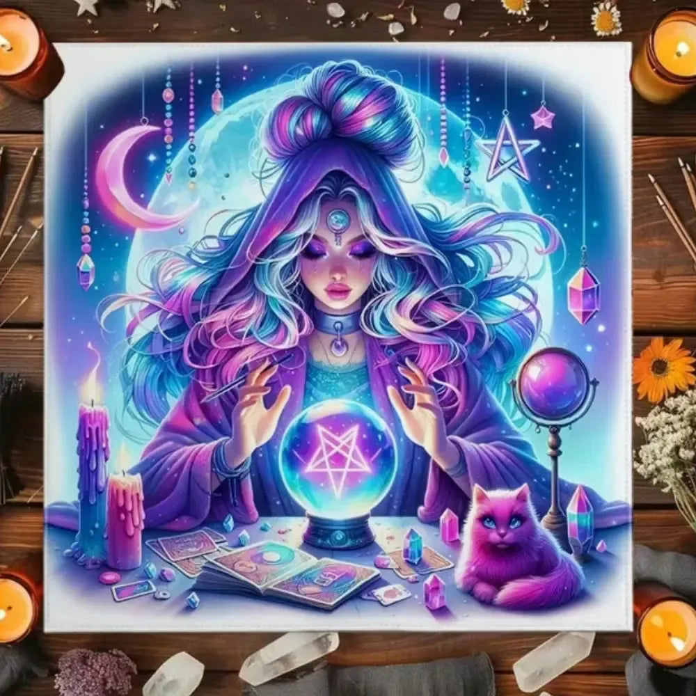 Purple witch tarot reading cloth crystal ball print – Wiccan spiritual ritual altar mat