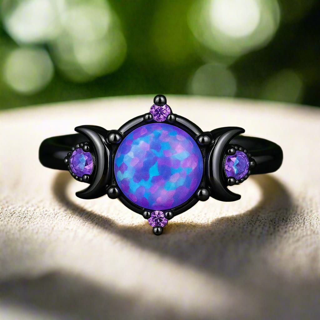Purple Crystal Triple Moon Black Rings for Wiccan Pagan Jewelry-MoonChildWorld