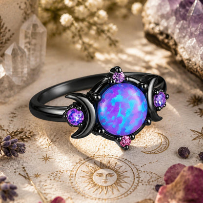Purple Crystal Triple Moon Black Rings for Wiccan Pagan Jewelry-MoonChildWorld