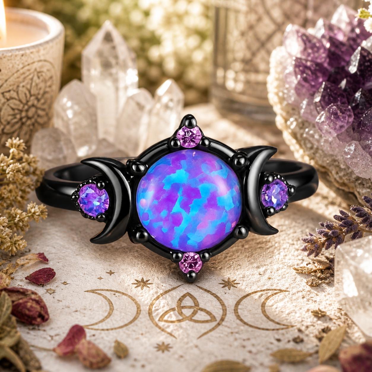 Purple Crystal Triple Moon Black Rings for Wiccan Pagan Jewelry-MoonChildWorld