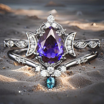 Purple Crystal Wicca Triple Moon Ring Pagan Jewelry-MoonChildWorld