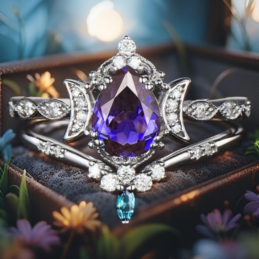 Purple Crystal Wicca Triple Moon Ring Pagan Jewelry-MoonChildWorld