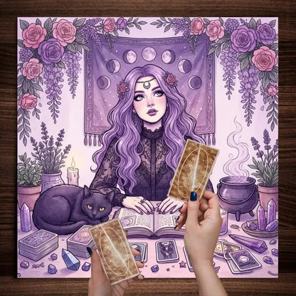 Purple floral moon tarot reading cloth – Pagan witchy intuitive divination altar mat