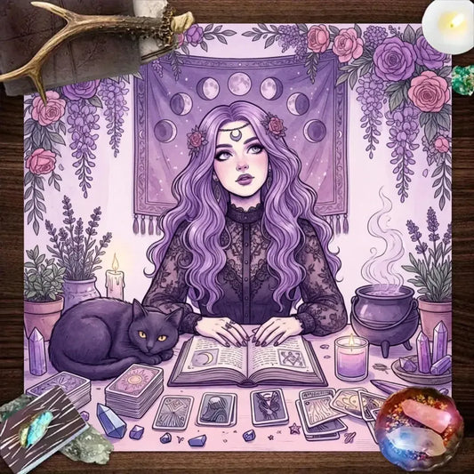 Purple Moon Floral Tarot Altar Cloth – mystical divination mat for crystal ritual and Wiccan meditation