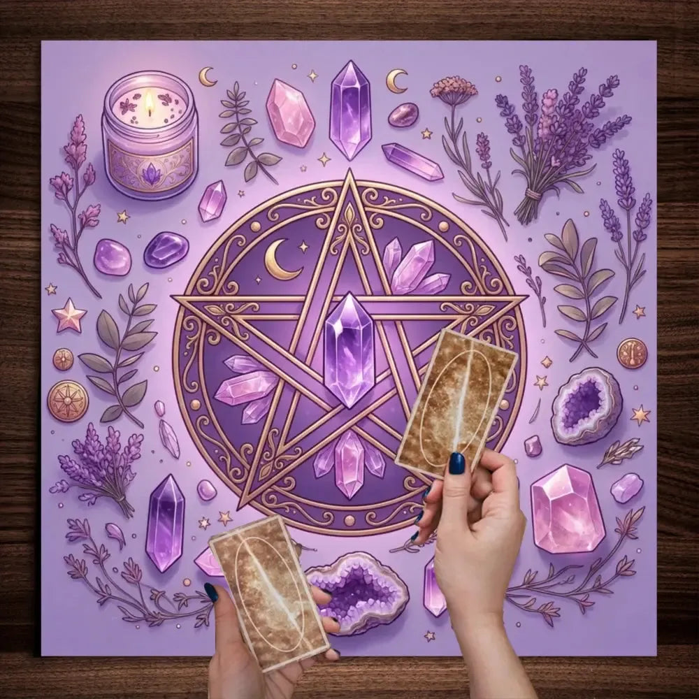 Purple pentagram moon crystal altar cloth – Pagan witchcraft ritual mat for divination and ceremony