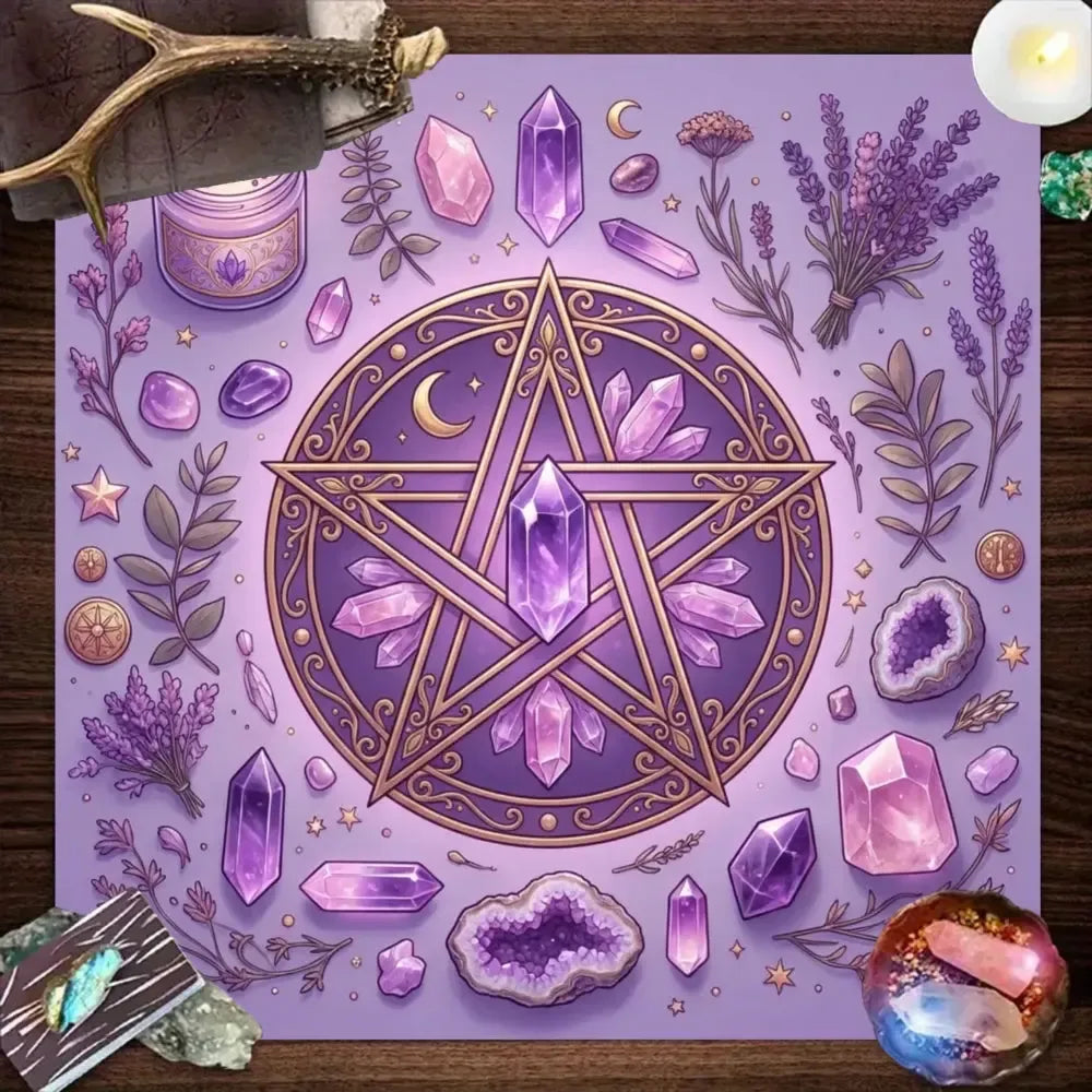 Purple Pentagram Altar Cloth with moon crystal and botanical print – Wiccan tarot divination ritual mat