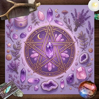 Purple Pentagram Altar Cloth with moon crystal and botanical print – Wiccan tarot divination ritual mat