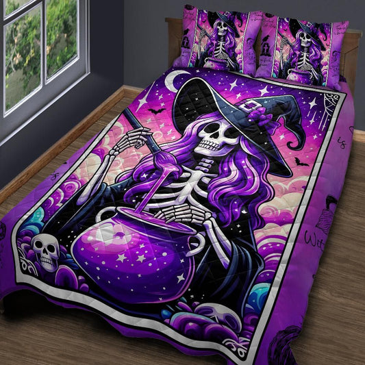 Purple Tarot Skelaton Witch Quilt Bedding Set for Halloween Decor-MoonChildWorld