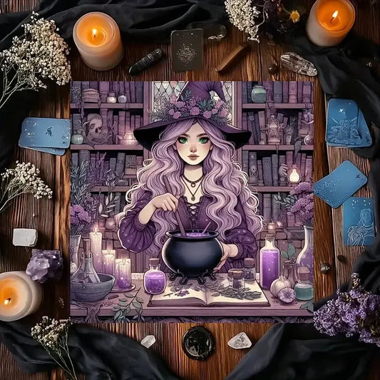 Purple mystical symbols witch altar cloth 2D print – Pagan Wiccan Halloween party tablecloth
