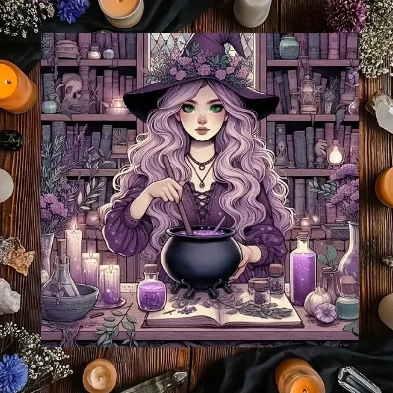 Purple Witch Mystical Symbols Altar Cloth – witchcraft tarot mat for Halloween and spiritual ritual