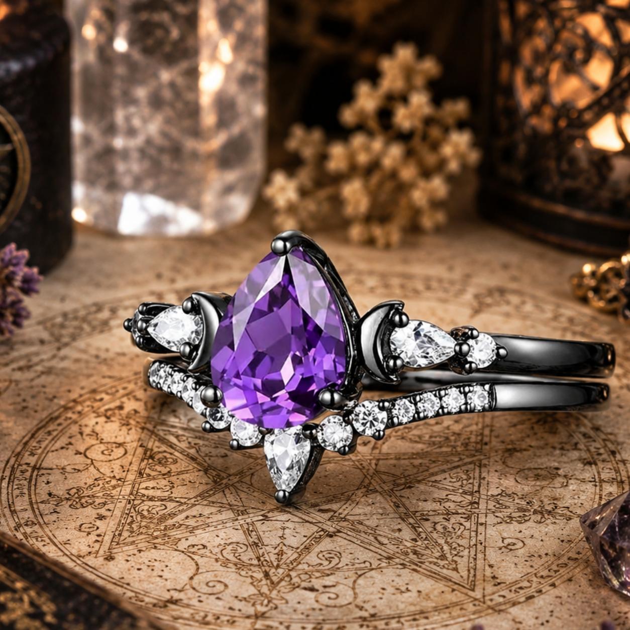 Purple Zircon Triple Moon Black Ring Wiccan Pagan Jewelry-MoonChildWorld