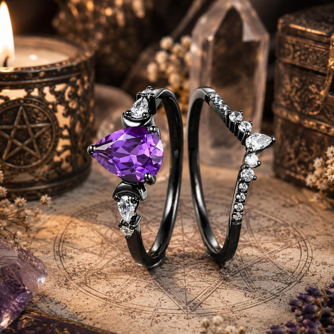 Purple Zircon Triple Moon Black Ring Wiccan Pagan Jewelry-MoonChildWorld