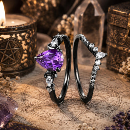 Purple Zircon Triple Moon Black Ring Wiccan Pagan Jewelry-MoonChildWorld