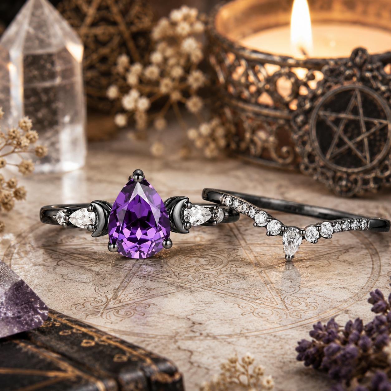 Purple zircon triple moon ring black band close-up – Wiccan Pagan lunar jewelry