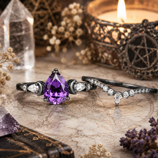 Purple zircon triple moon ring black band close-up – Wiccan Pagan lunar jewelry