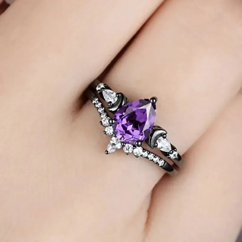 Purple Zircon Triple Moon Black Ring Wiccan Pagan Jewelry-MoonChildWorld