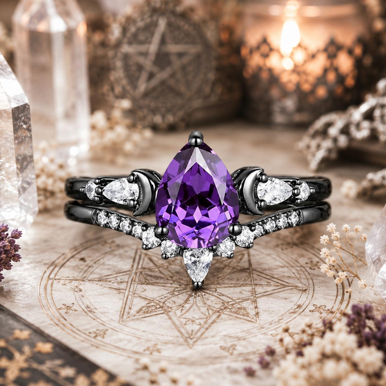 Purple teardrop gemstone ring with black band on a mystical background with crystals and candles.