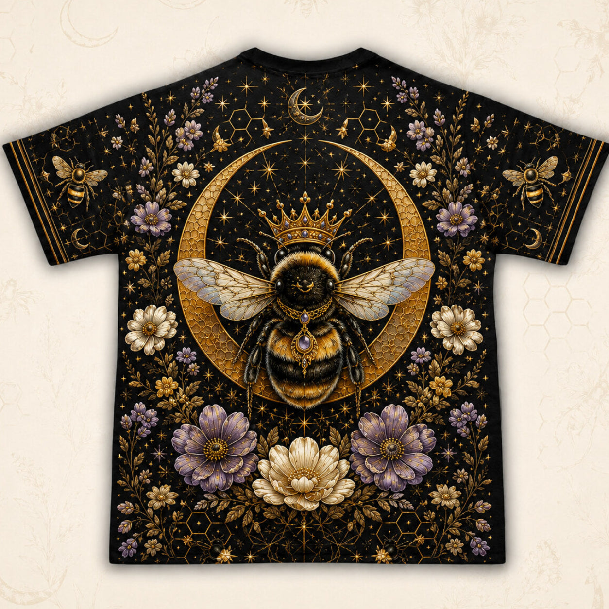 Queen Bee Crescent Moon T-Shirt Gold Black Floral Witch Tee back view