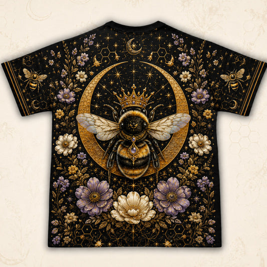 Queen Bee Crescent Moon T-Shirt Gold Black Floral Witch Tee back view