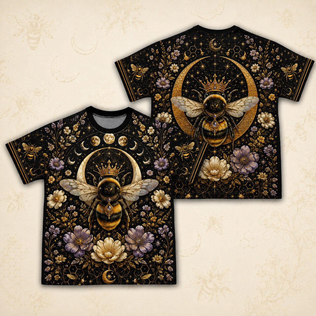 Queen Bee Crescent Moon T-Shirt Gold Black Floral Witch Tee front and back together