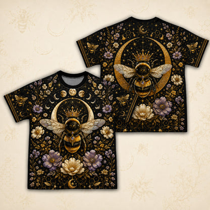Queen Bee Crescent Moon T-Shirt Gold Black Floral Witch Tee front and back together