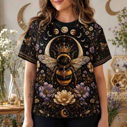Queen Bee Crescent Moon T-Shirt Gold Black Floral Witch Tee worn, front view