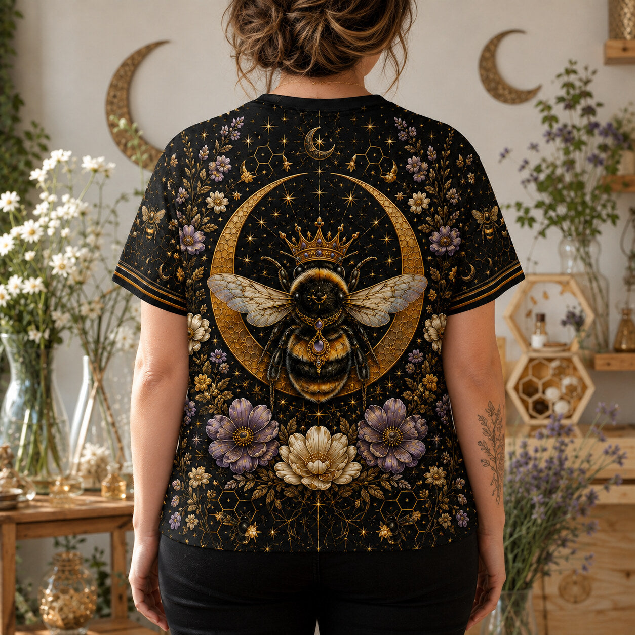 Queen Bee Crescent Moon T-Shirt Gold Black Floral Witch Tee worn, back view
