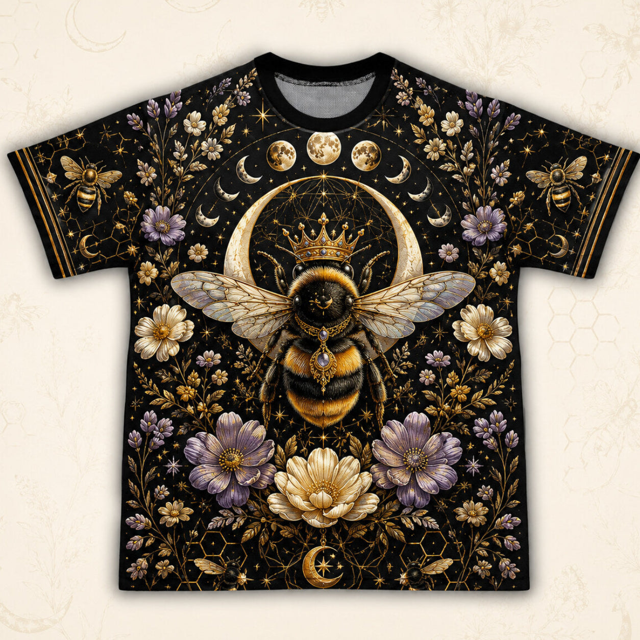 Queen Bee Crescent Moon T-Shirt Gold Black Floral Witch Tee front view