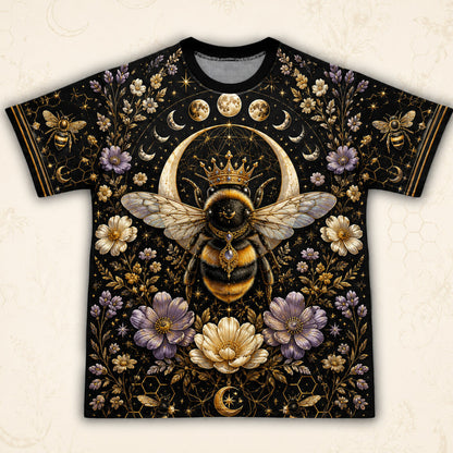 Queen Bee Crescent Moon T-Shirt Gold Black Floral Witch Tee front view