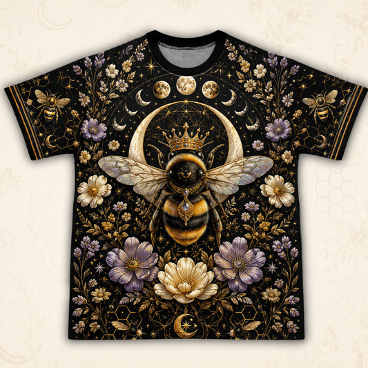 Queen Bee Crescent Moon T-Shirt Gold Black Floral Witch Tee front view
