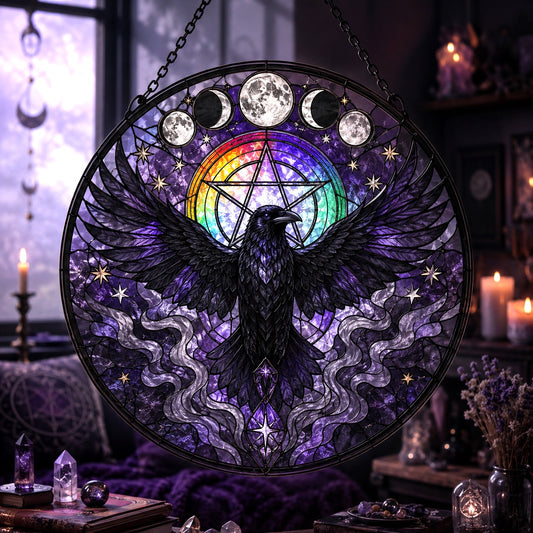 Rainbow Pentacle Raven Glass Suncatcher - window display