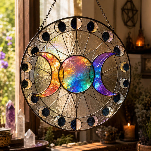 Rainbow Triple Moon Glass Suncatcher - window display