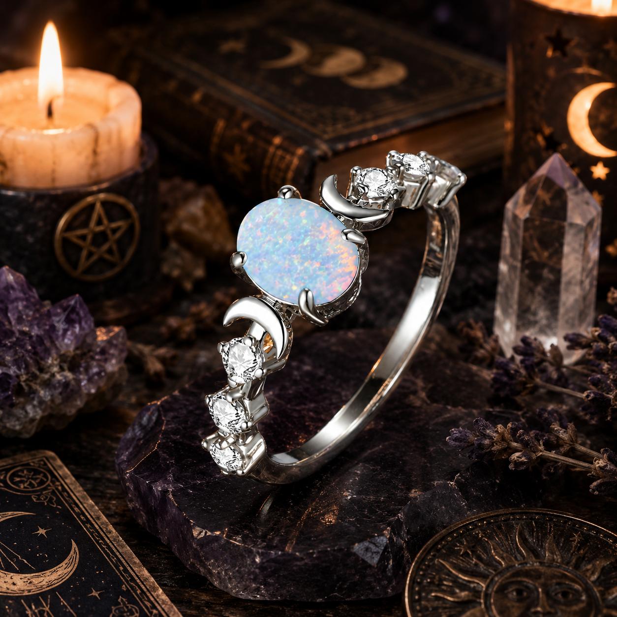 Rainbow White Fire Opal Ring Triple Moon Wiccan Ring-MoonChildWorld