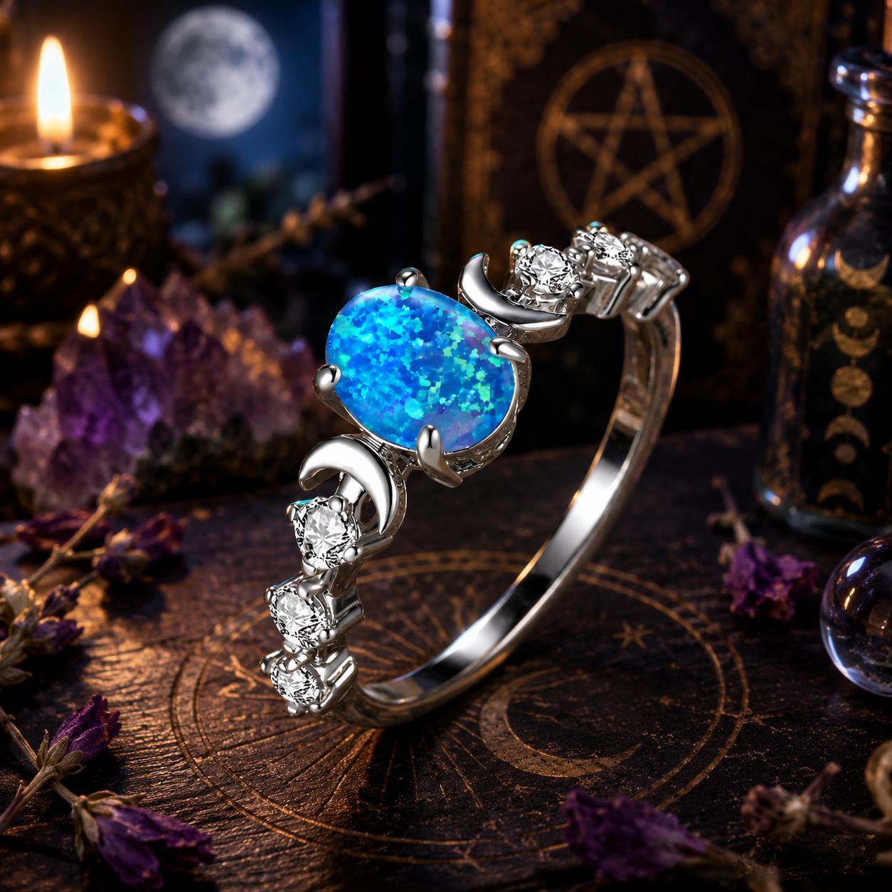 Rainbow White Fire Opal Ring Triple Moon Wiccan Ring-MoonChildWorld