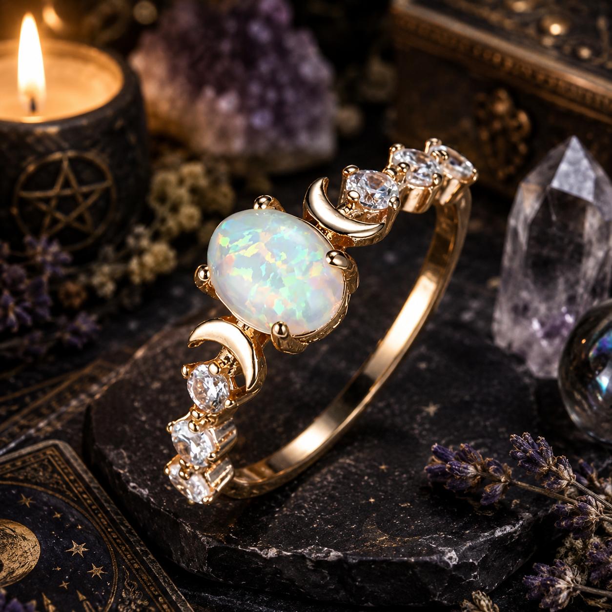 Rainbow White Fire Opal Ring Triple Moon Wiccan Ring-MoonChildWorld