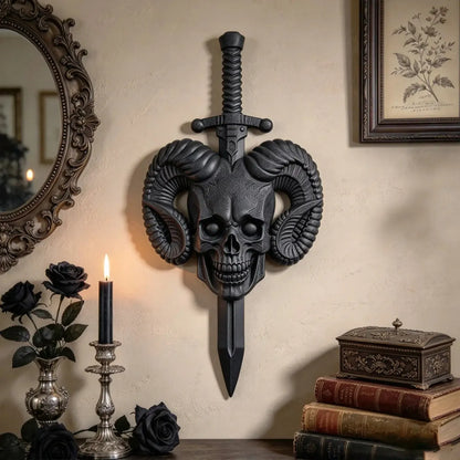 Horned skull and sword plaque styled with dark roses and books
