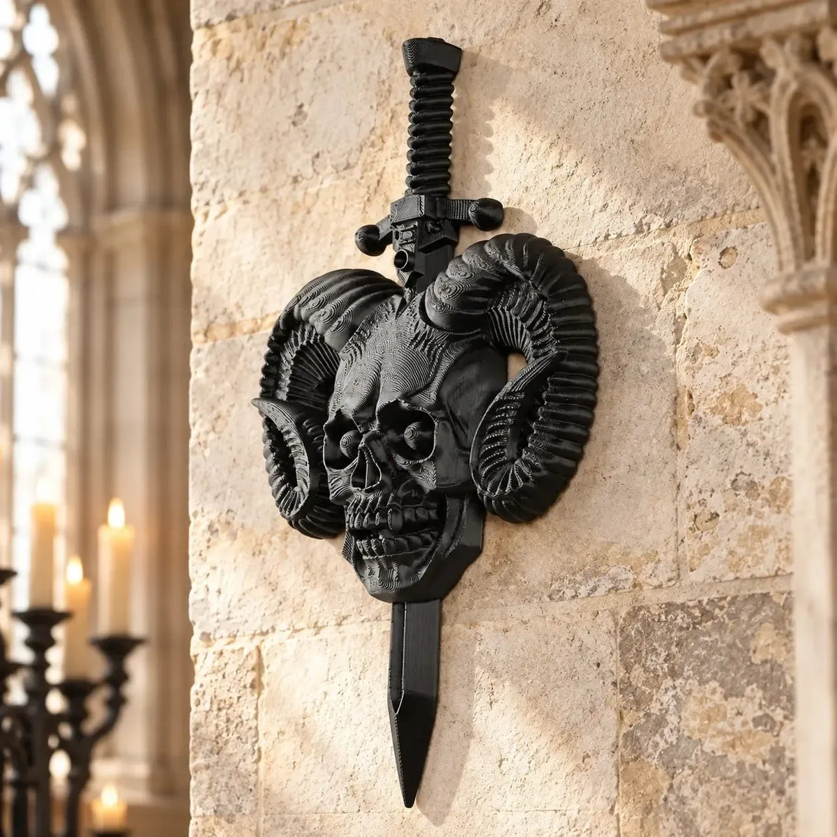 Skull and sword wall plaque front view showing curled ram horns